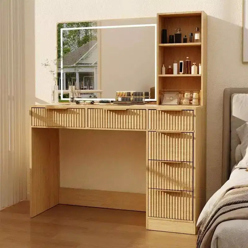 Coiffeuse texturée ondulée de 52 pouces avec miroir LED, prise de courant, 6 tiroirs, plateau en verre et rangement pour chambre à coucher et salon