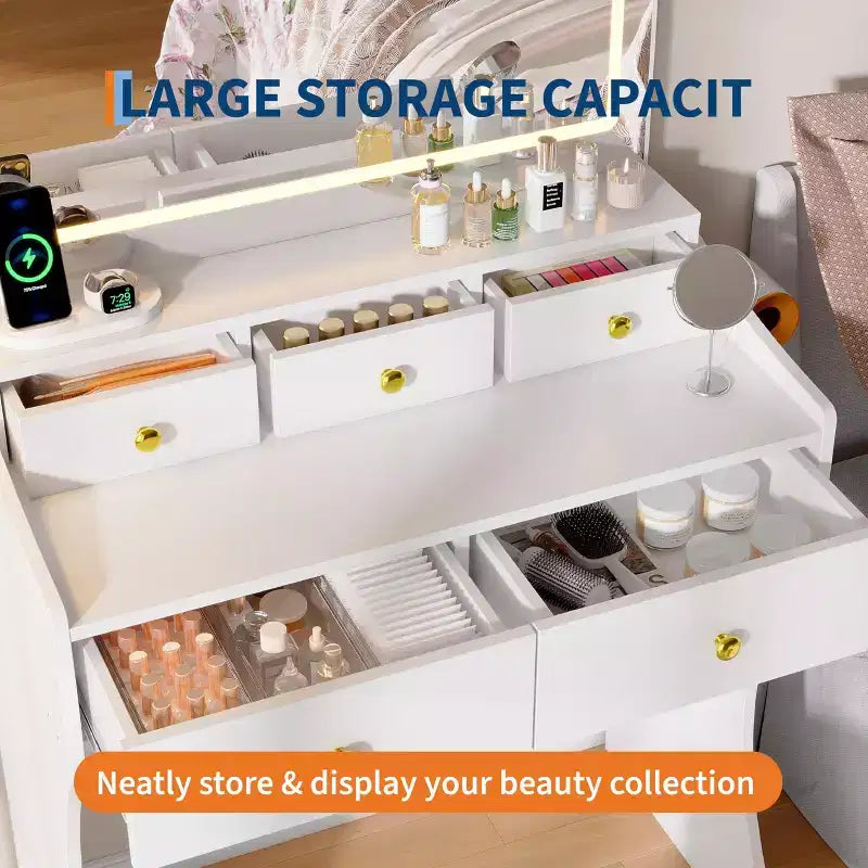 Coiffeuse de 80 cm de large avec tabouret rembourré – Table de toilette avec prise électrique, support pour sèche-cheveux et 5 tiroirs