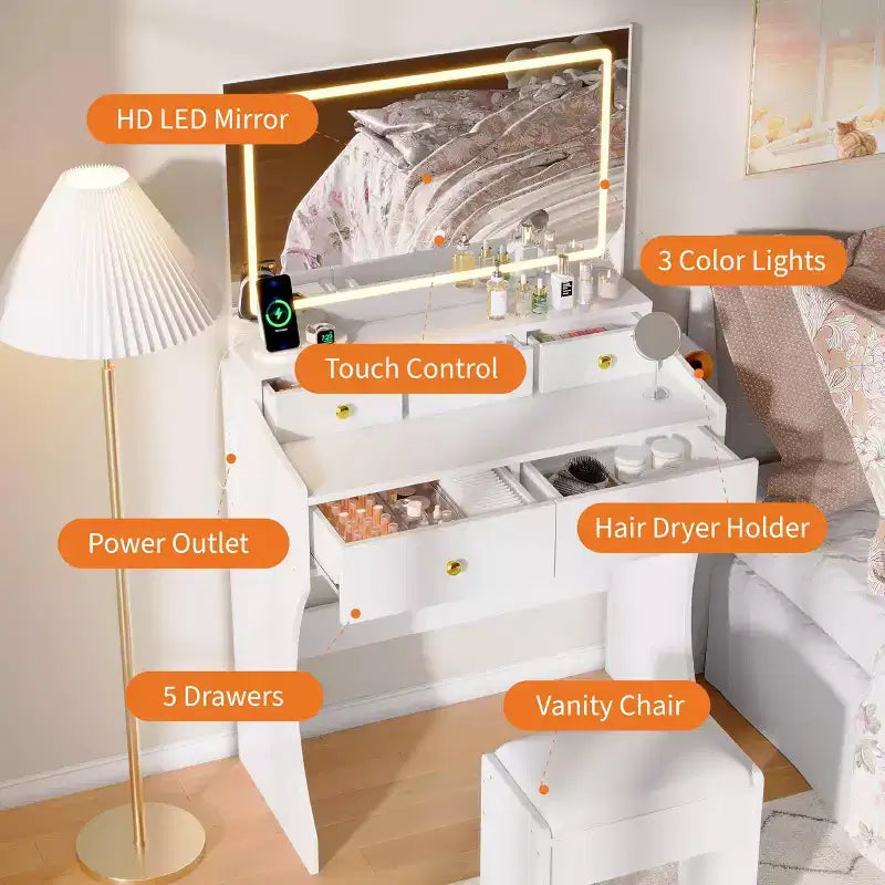 Coiffeuse de 80 cm de large avec tabouret rembourré – Table de toilette avec prise électrique, support pour sèche-cheveux et 5 tiroirs