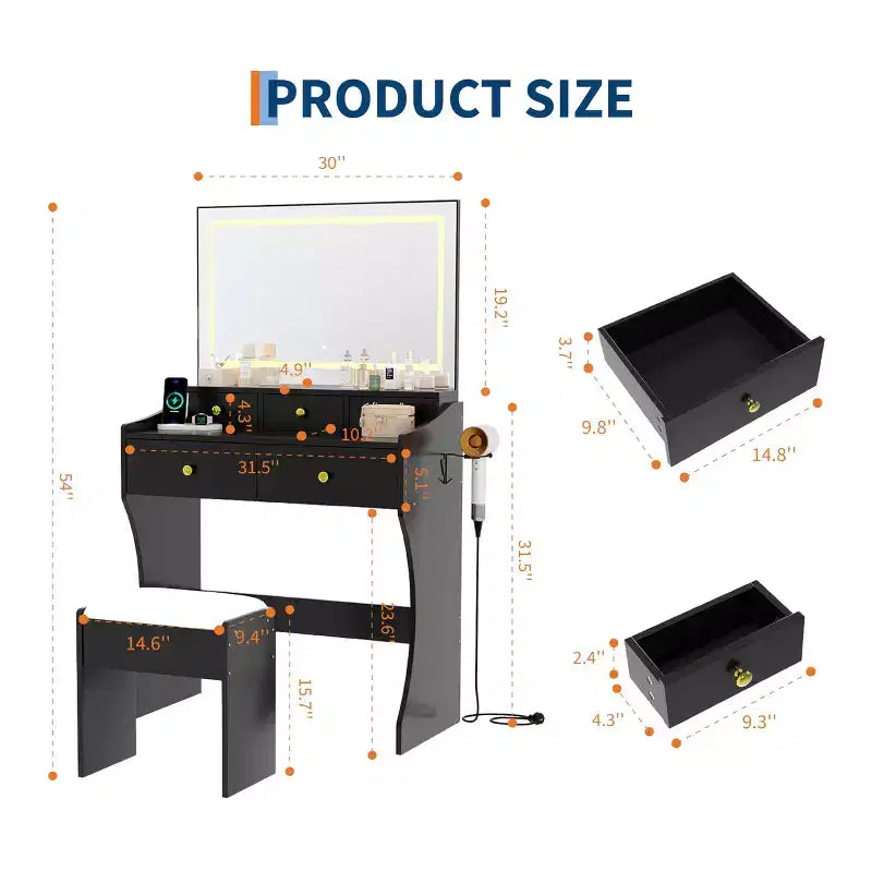 Coiffeuse de 80 cm de large avec tabouret rembourré – Table de toilette avec prise électrique, support pour sèche-cheveux et 5 tiroirs