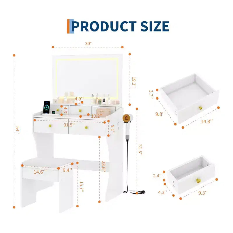 Coiffeuse de 80 cm de large avec tabouret rembourré – Table de toilette avec prise électrique, support pour sèche-cheveux et 5 tiroirs