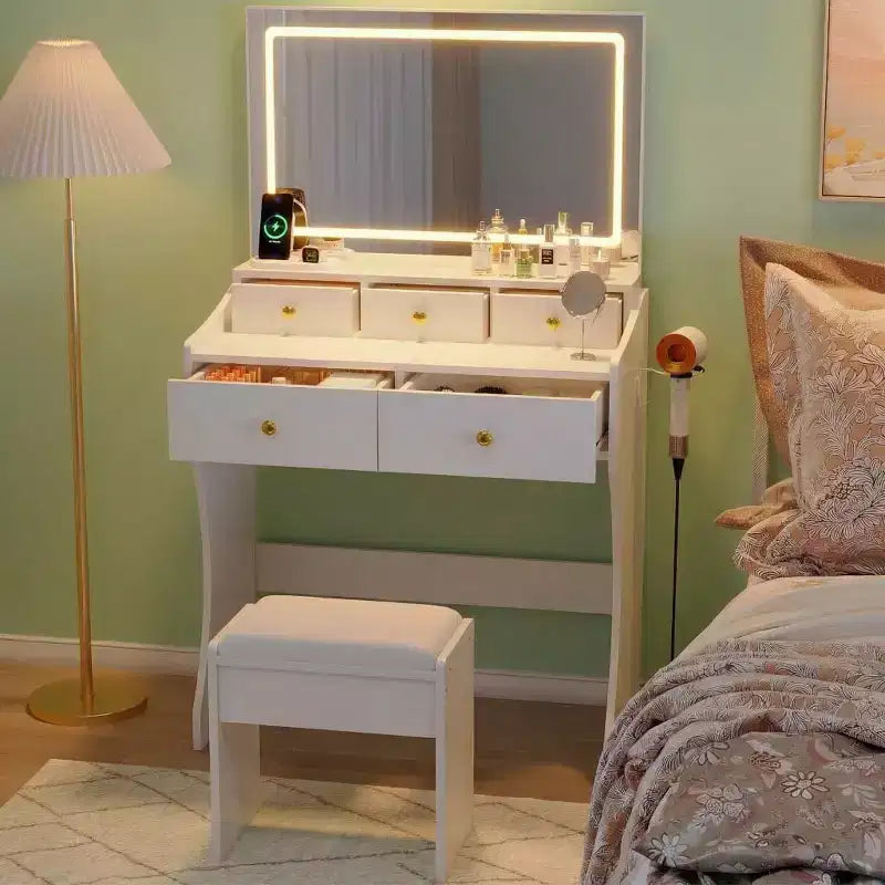 Coiffeuse de 80 cm de large avec tabouret rembourré – Table de toilette avec prise électrique, support pour sèche-cheveux et 5 tiroirs