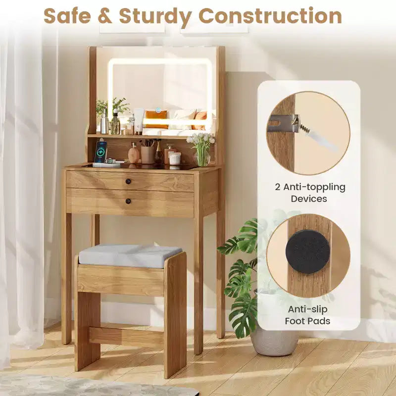 Coiffeuse avec miroir et tabouret rembourré Costway avec station de charge, couleur naturelle