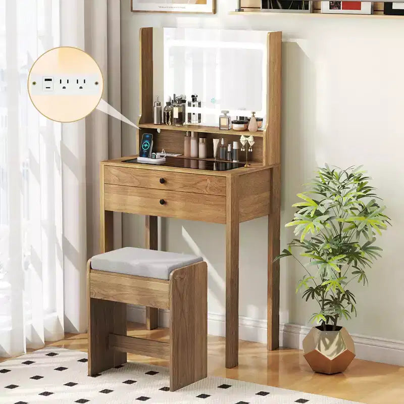 Coiffeuse avec miroir et tabouret rembourré Costway avec station de charge, couleur naturelle