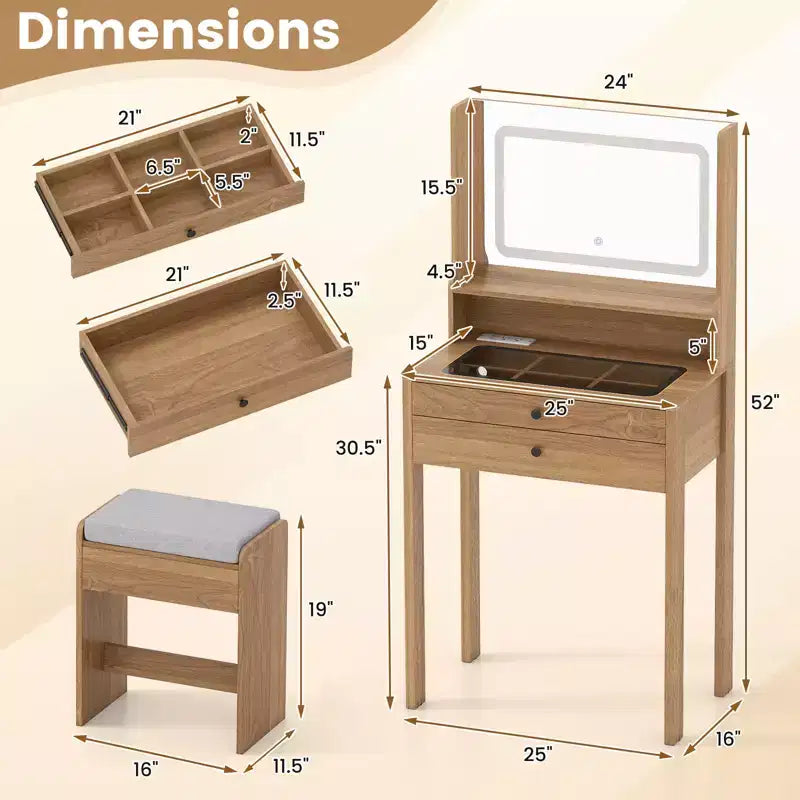 Coiffeuse avec miroir et tabouret rembourré Costway avec station de charge, couleur naturelle