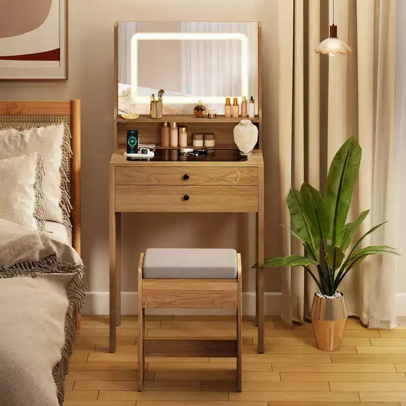 Coiffeuse avec miroir et tabouret rembourré Costway avec station de charge, couleur naturelle