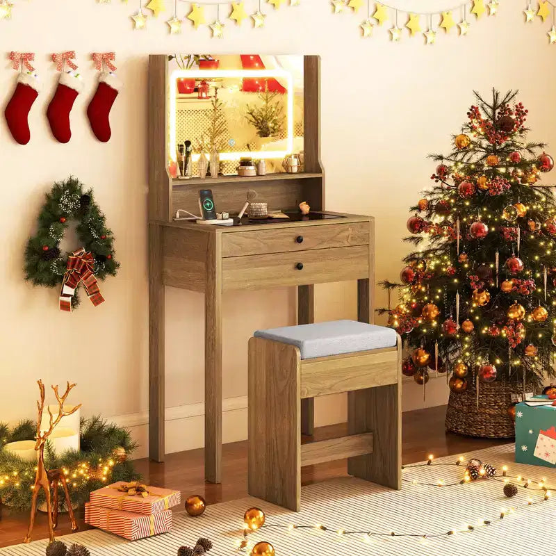 Coiffeuse avec miroir et tabouret rembourré Costway avec station de charge, couleur naturelle