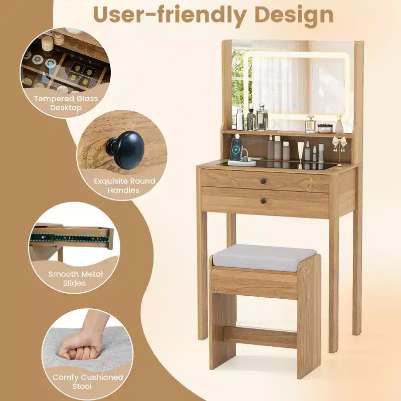 Coiffeuse avec miroir et tabouret rembourré Costway avec station de charge, couleur naturelle