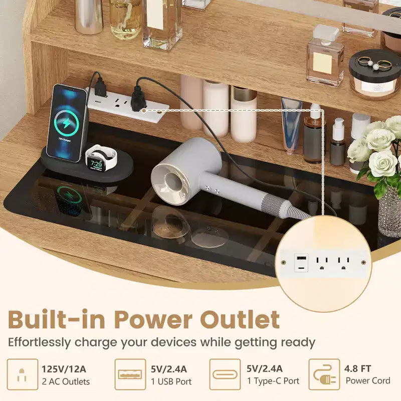 Coiffeuse avec miroir et tabouret rembourré Costway avec station de charge, couleur naturelle