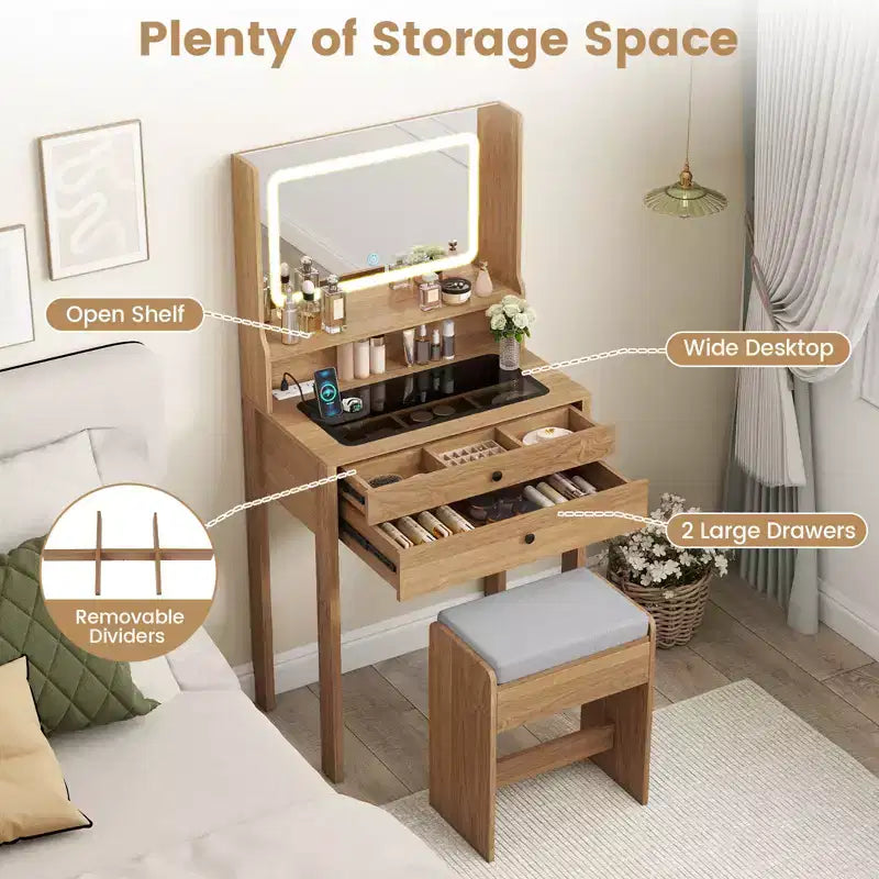 Coiffeuse avec miroir et tabouret rembourré Costway avec station de charge, couleur naturelle