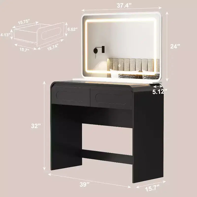 Coiffeuse Maquillage avec Grand Miroir de 37" et Lumières, Coiffeuse avec 2 Tiroirs et Espace de Rangement sur le Dessus