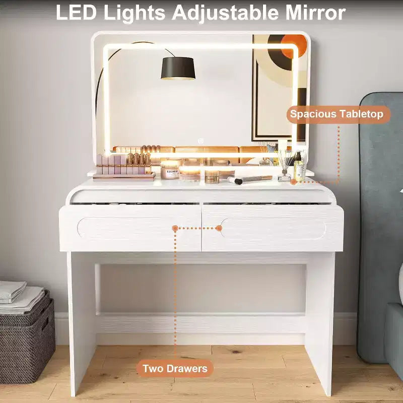 Coiffeuse Maquillage avec Grand Miroir de 37" et Lumières, Coiffeuse avec 2 Tiroirs et Espace de Rangement sur le Dessus