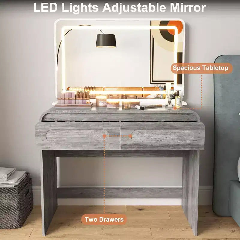 Coiffeuse Maquillage avec Grand Miroir de 37" et Lumières, Coiffeuse avec 2 Tiroirs et Espace de Rangement sur le Dessus