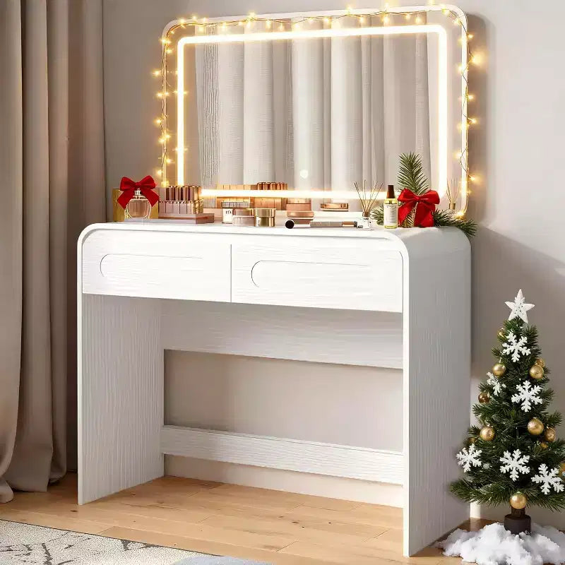 Coiffeuse Maquillage avec Grand Miroir de 37" et Lumières, Coiffeuse avec 2 Tiroirs et Espace de Rangement sur le Dessus