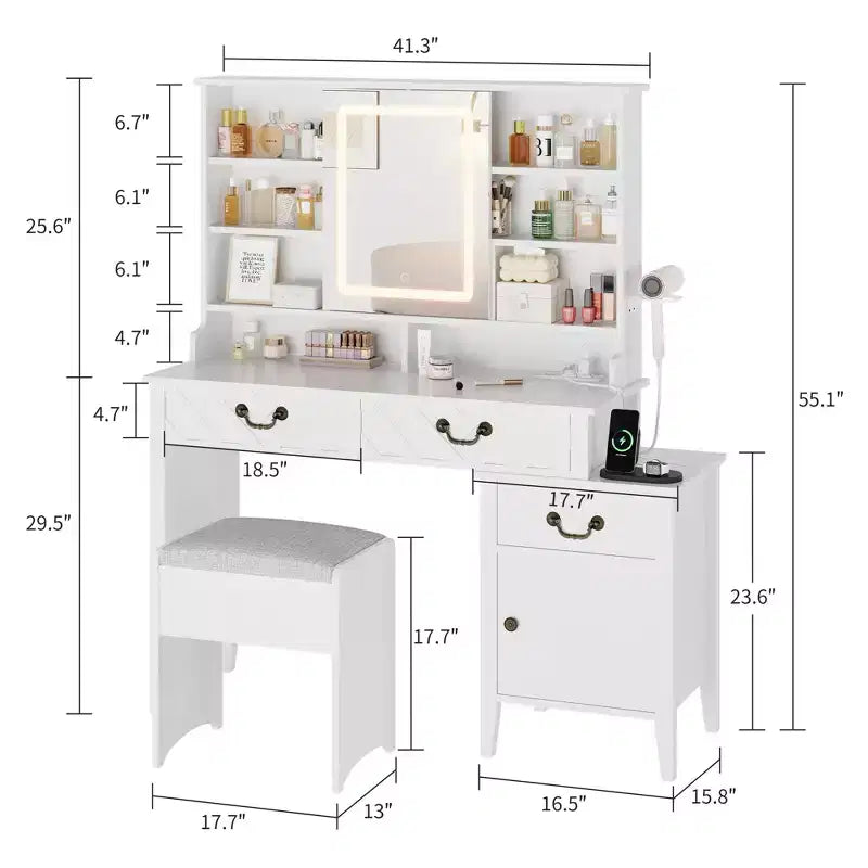 Coiffeuse Garvee avec miroir coulissant et lumières, coiffeuse blanche avec tabouret, rétractable et avec station de recharge, support pour sèche-cheveux, tiroirs et armoire