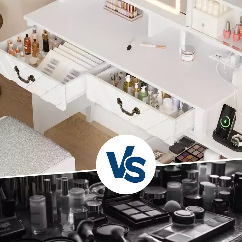 Coiffeuse Garvee avec miroir coulissant et lumières, coiffeuse blanche avec tabouret, rétractable et avec station de recharge, support pour sèche-cheveux, tiroirs et armoire