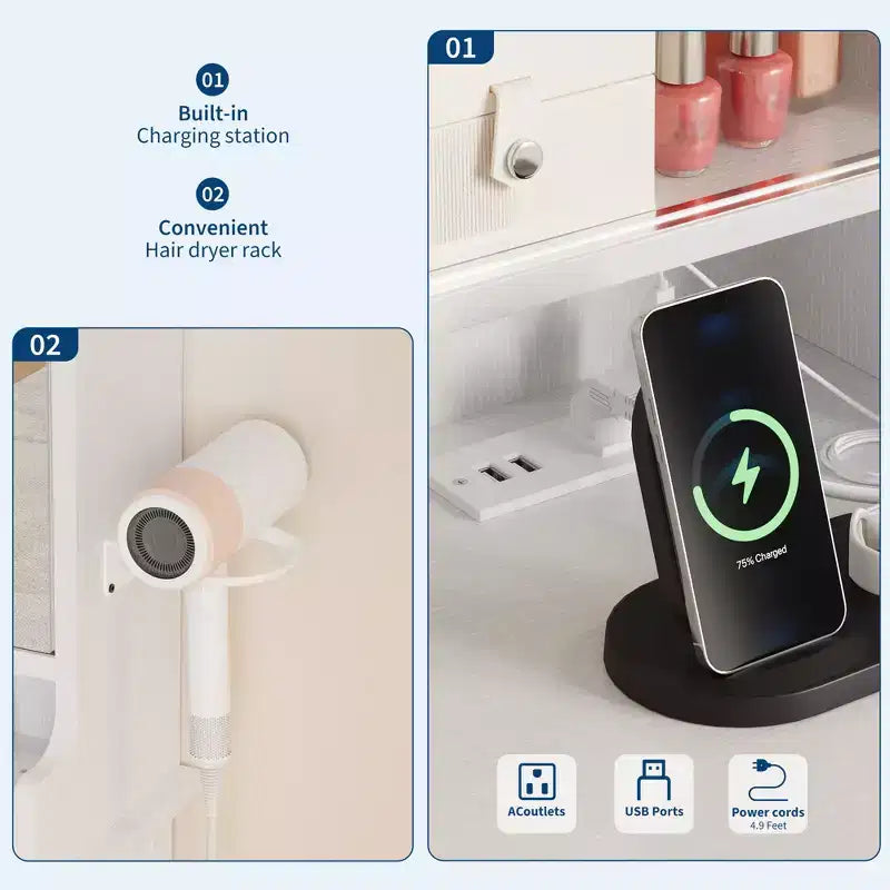 Coiffeuse Garvee avec miroir coulissant et lumières, coiffeuse blanche avec tabouret, rétractable et avec station de recharge, support pour sèche-cheveux, tiroirs et armoire