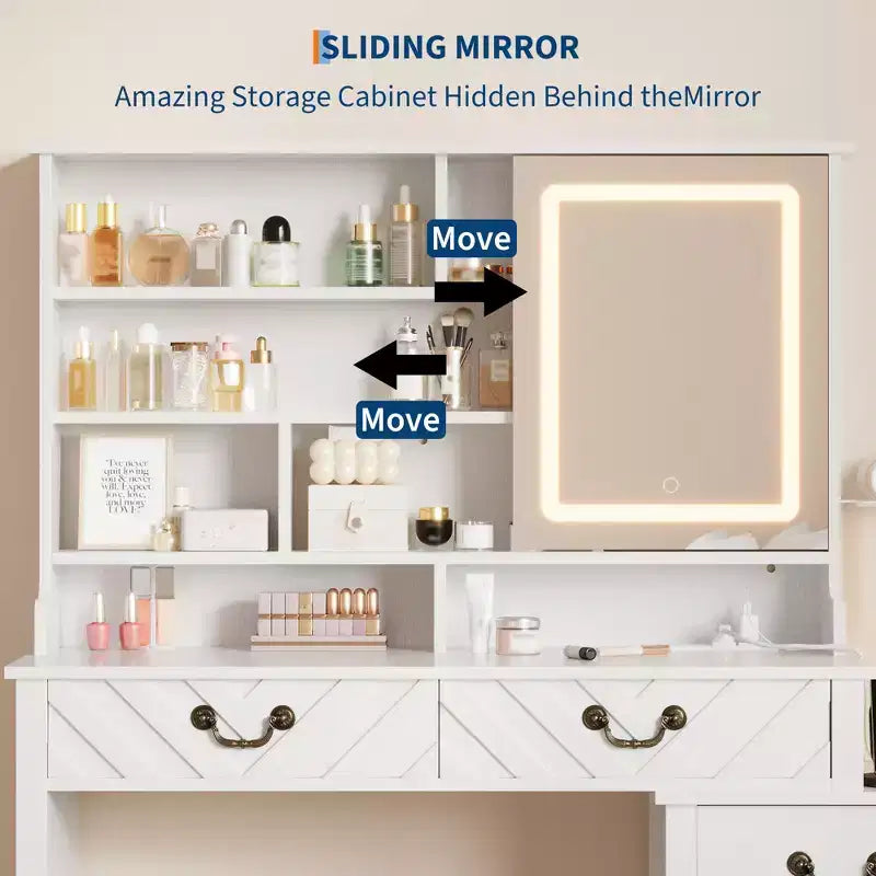 Coiffeuse Garvee avec miroir coulissant et lumières, coiffeuse blanche avec tabouret, rétractable et avec station de recharge, support pour sèche-cheveux, tiroirs et armoire