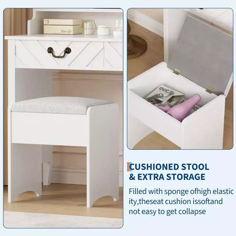 Coiffeuse Garvee avec miroir coulissant et lumières, coiffeuse blanche avec tabouret, rétractable et avec station de recharge, support pour sèche-cheveux, tiroirs et armoire
