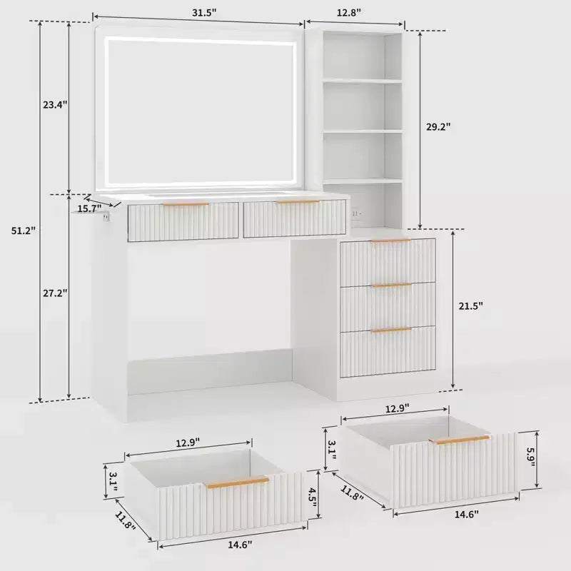 Coiffeuse de 122 cm, table de maquillage cannelée avec grand miroir de 91 cm, 5 tiroirs de rangement et plateau en verre, ensemble de coiffeuse moderne en chêne