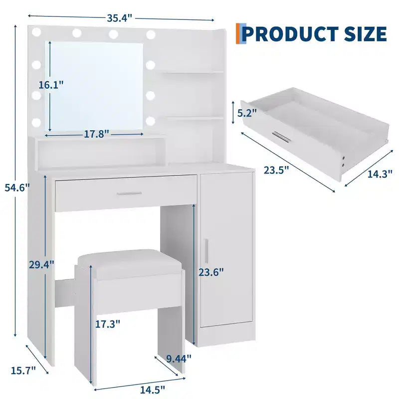 Coiffeuse de Maquillage avec Miroir, Ensemble de Table de Maquillage avec Tabouret Rembourré en PU, Grand Tiroir, Armoire et Support pour Sèche-Cheveux, Coiffeuse de Chambre Moderne