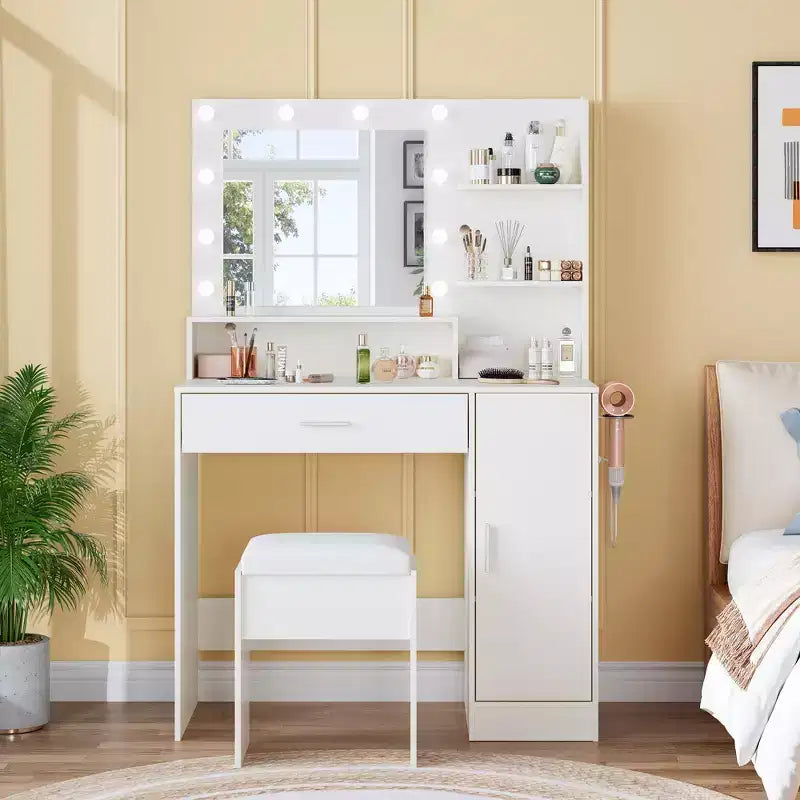 Coiffeuse de Maquillage avec Miroir, Ensemble de Table de Maquillage avec Tabouret Rembourré en PU, Grand Tiroir, Armoire et Support pour Sèche-Cheveux, Coiffeuse de Chambre Moderne