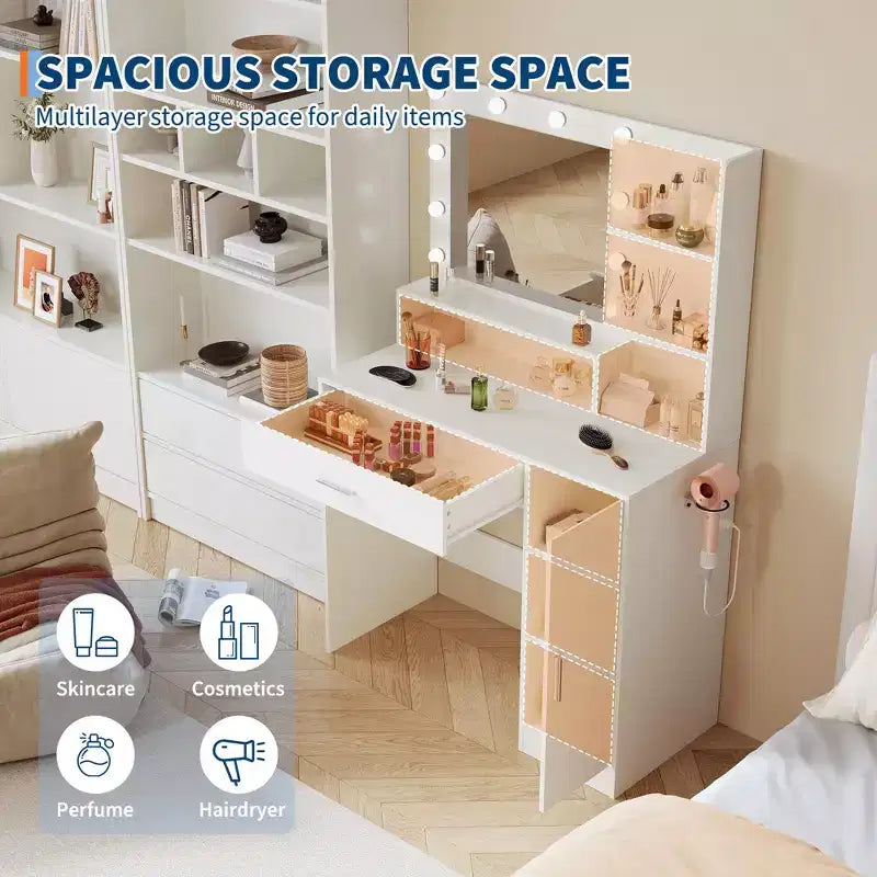 Coiffeuse de Maquillage avec Miroir, Ensemble de Table de Maquillage avec Tabouret Rembourré en PU, Grand Tiroir, Armoire et Support pour Sèche-Cheveux, Coiffeuse de Chambre Moderne
