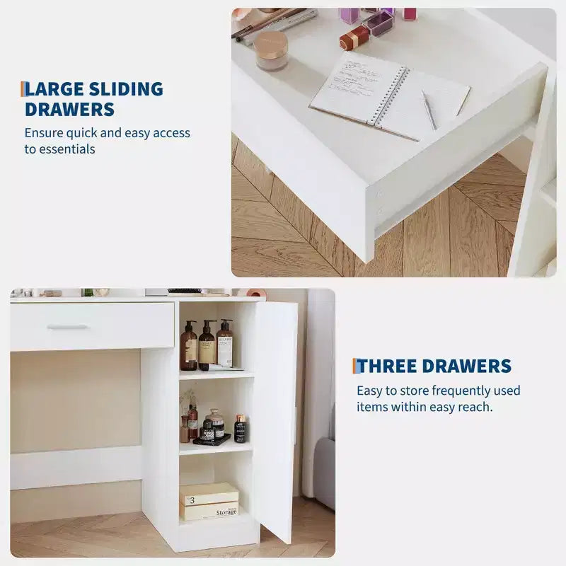 Coiffeuse de Maquillage avec Miroir, Ensemble de Table de Maquillage avec Tabouret Rembourré en PU, Grand Tiroir, Armoire et Support pour Sèche-Cheveux, Coiffeuse de Chambre Moderne