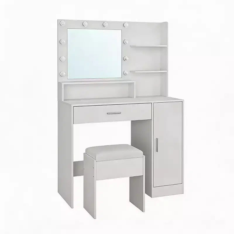 Coiffeuse de Maquillage avec Miroir, Ensemble de Table de Maquillage avec Tabouret Rembourré en PU, Grand Tiroir, Armoire et Support pour Sèche-Cheveux, Coiffeuse de Chambre Moderne