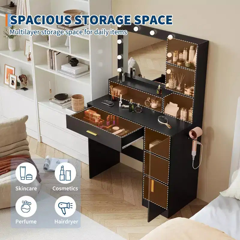 Coiffeuse de Maquillage avec Miroir, Ensemble de Table de Maquillage avec Tabouret Rembourré en PU, Grand Tiroir, Armoire et Support pour Sèche-Cheveux, Coiffeuse de Chambre Moderne