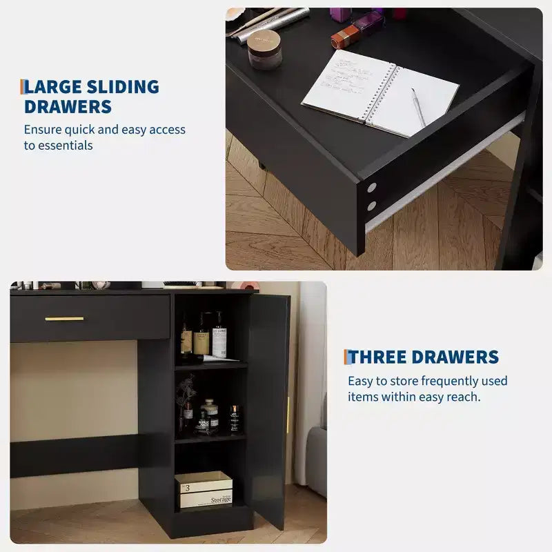 Coiffeuse de Maquillage avec Miroir, Ensemble de Table de Maquillage avec Tabouret Rembourré en PU, Grand Tiroir, Armoire et Support pour Sèche-Cheveux, Coiffeuse de Chambre Moderne