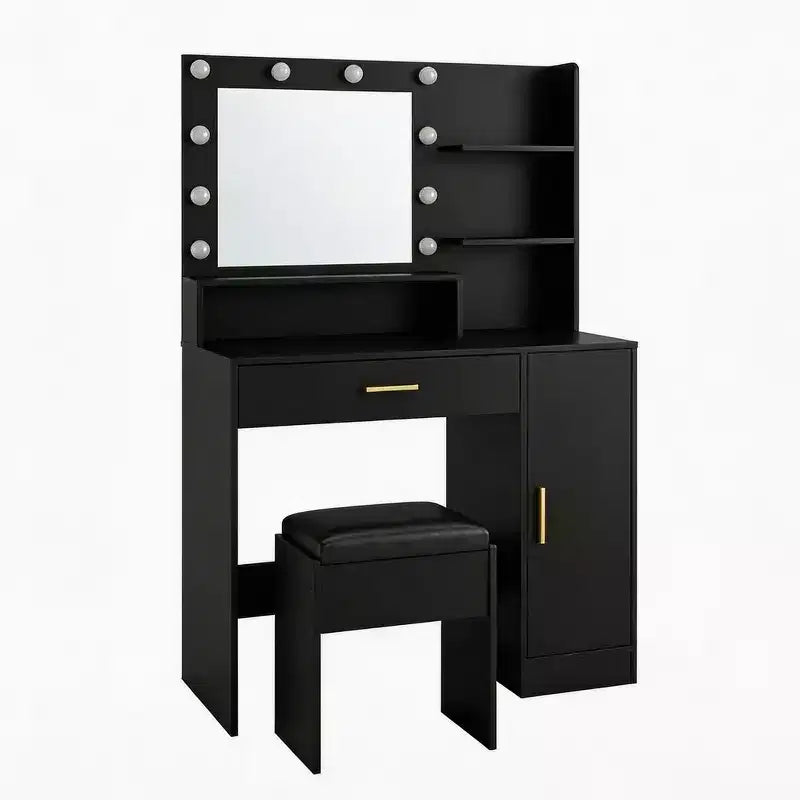 Coiffeuse de Maquillage avec Miroir, Ensemble de Table de Maquillage avec Tabouret Rembourré en PU, Grand Tiroir, Armoire et Support pour Sèche-Cheveux, Coiffeuse de Chambre Moderne