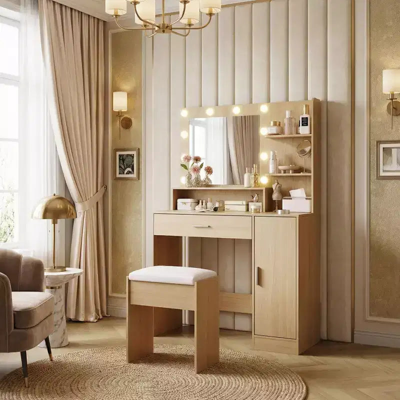 Coiffeuse de Maquillage avec Miroir HD et 10 Ampoules LED, Station de Charge, 3 Modes d'Éclairage, Support Sèche-Cheveux et Tabouret Rembourré pour Chambre