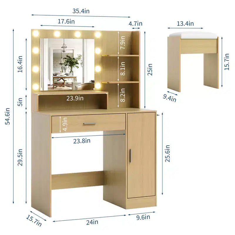 Coiffeuse de Maquillage avec Miroir HD et 10 Ampoules LED, Station de Charge, 3 Modes d'Éclairage, Support Sèche-Cheveux et Tabouret Rembourré pour Chambre