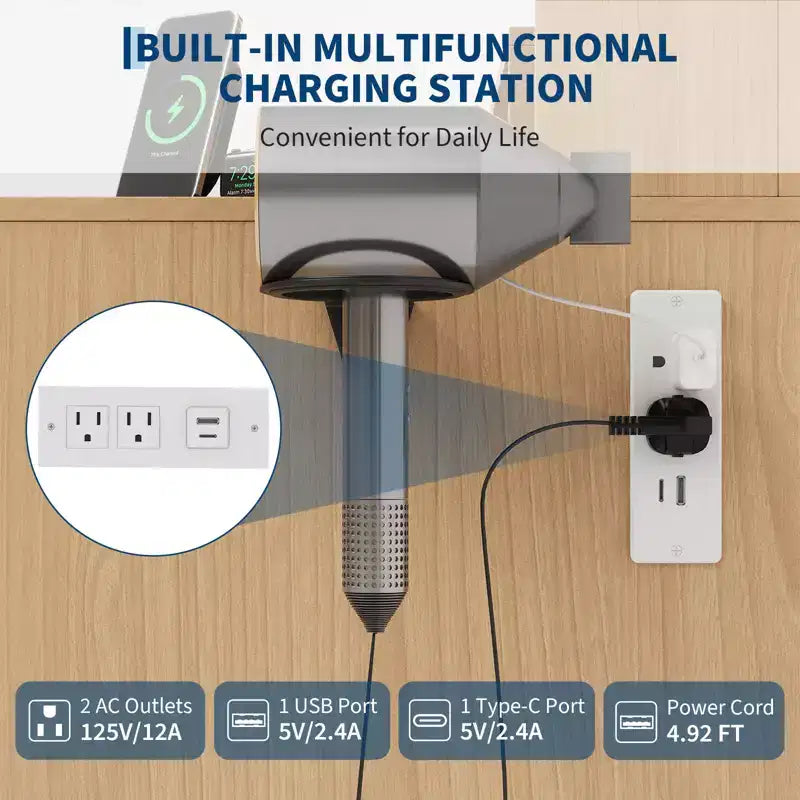 Coiffeuse de Maquillage avec Miroir HD et 10 Ampoules LED, Station de Charge, 3 Modes d'Éclairage, Support Sèche-Cheveux et Tabouret Rembourré pour Chambre