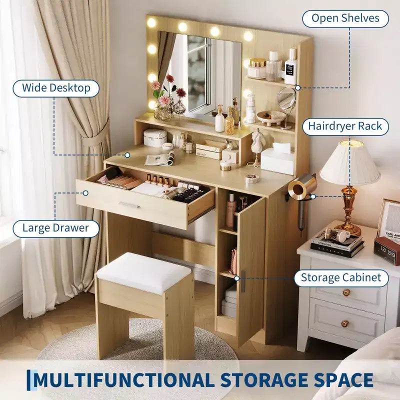 Coiffeuse de Maquillage avec Miroir HD et 10 Ampoules LED, Station de Charge, 3 Modes d'Éclairage, Support Sèche-Cheveux et Tabouret Rembourré pour Chambre