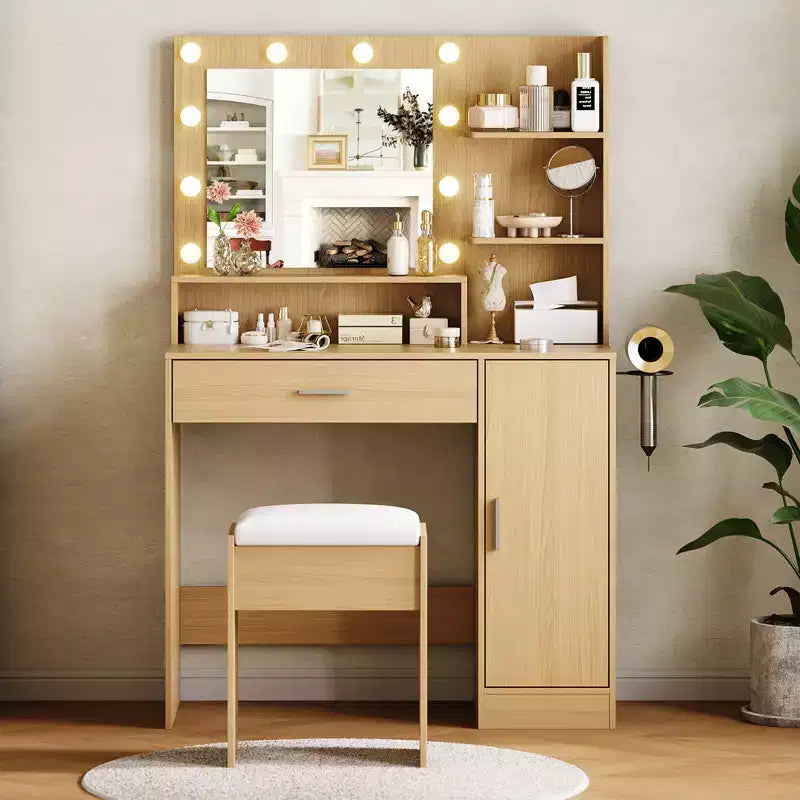 Coiffeuse de Maquillage avec Miroir HD et 10 Ampoules LED, Station de Charge, 3 Modes d'Éclairage, Support Sèche-Cheveux et Tabouret Rembourré pour Chambre