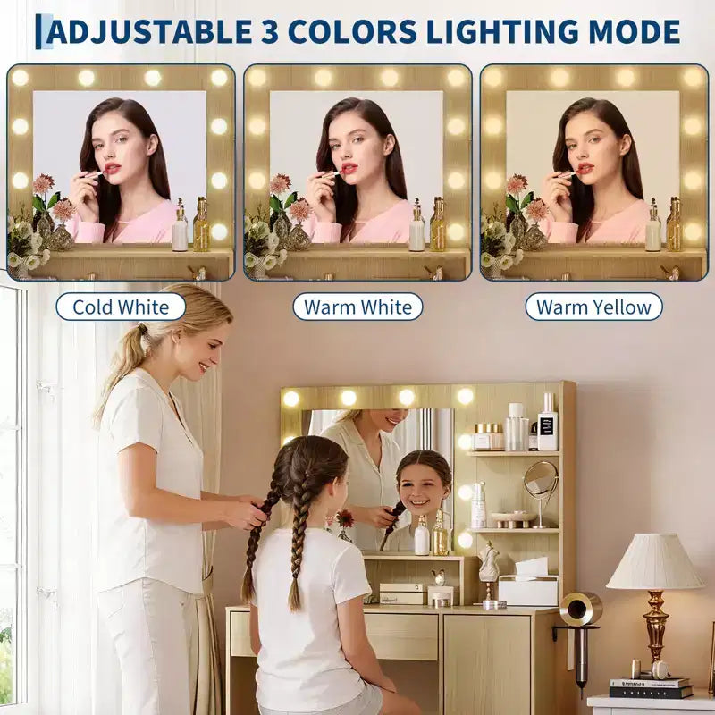 Coiffeuse de Maquillage avec Miroir HD et 10 Ampoules LED, Station de Charge, 3 Modes d'Éclairage, Support Sèche-Cheveux et Tabouret Rembourré pour Chambre