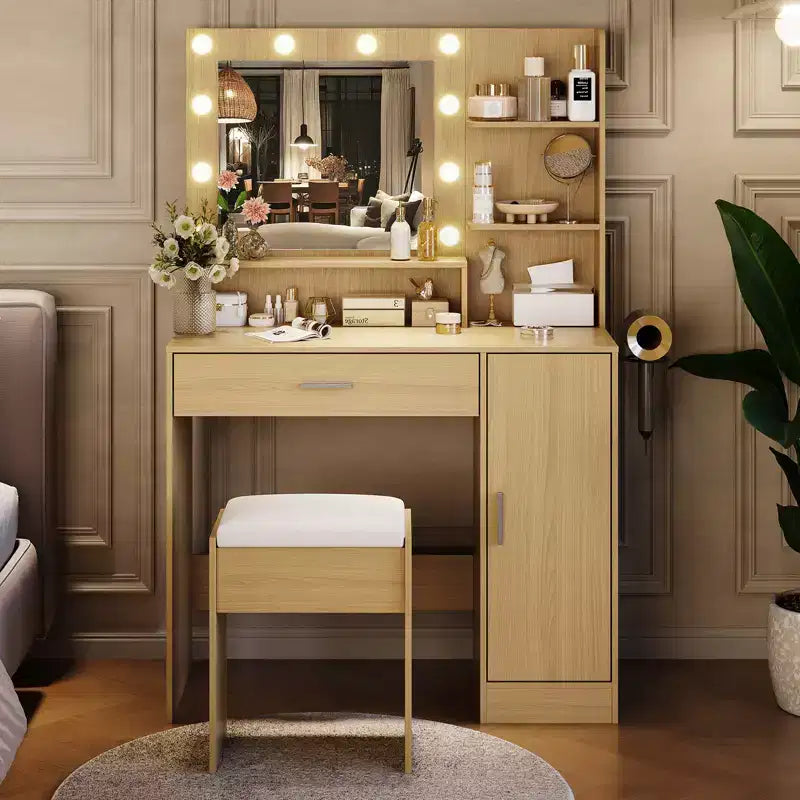 Coiffeuse de Maquillage avec Miroir HD et 10 Ampoules LED, Station de Charge, 3 Modes d'Éclairage, Support Sèche-Cheveux et Tabouret Rembourré pour Chambre