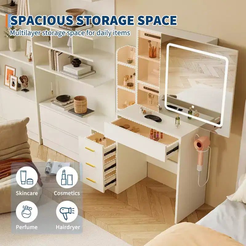 Coiffeuse avec tabouret, miroir coulissant, 4 tiroirs, étagères ouvertes et station de charge, avec lumières LED