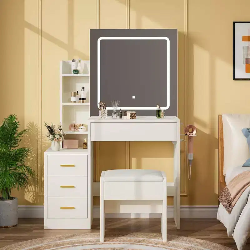 Coiffeuse avec tabouret, miroir coulissant, 4 tiroirs, étagères ouvertes et station de charge, avec lumières LED