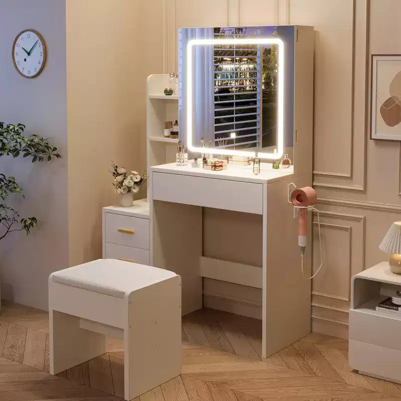 Coiffeuse avec tabouret, miroir coulissant, 4 tiroirs, étagères ouvertes et station de charge, avec lumières LED