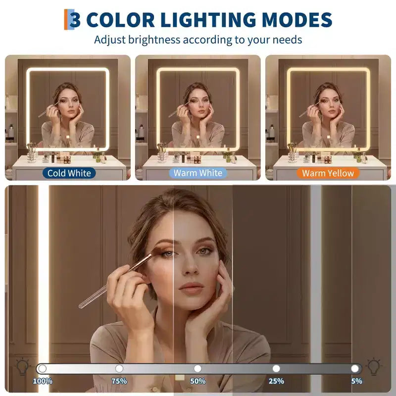Coiffeuse avec tabouret, miroir coulissant, 4 tiroirs, étagères ouvertes et station de charge, avec lumières LED