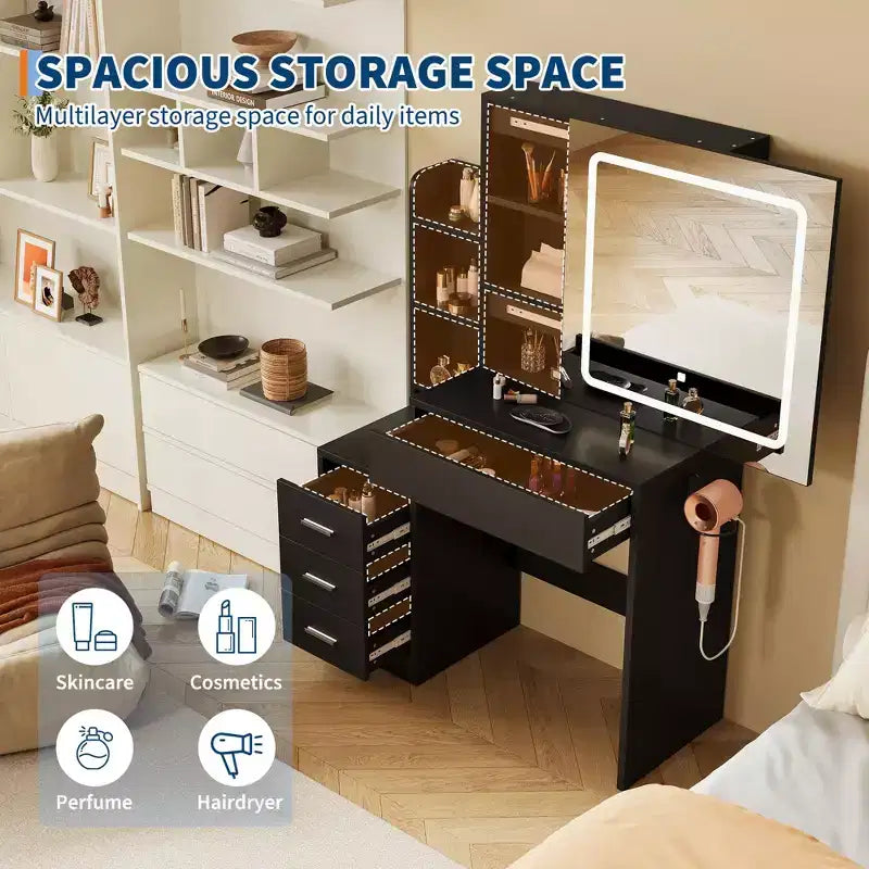Coiffeuse avec tabouret, miroir coulissant, 4 tiroirs, étagères ouvertes et station de charge, avec lumières LED