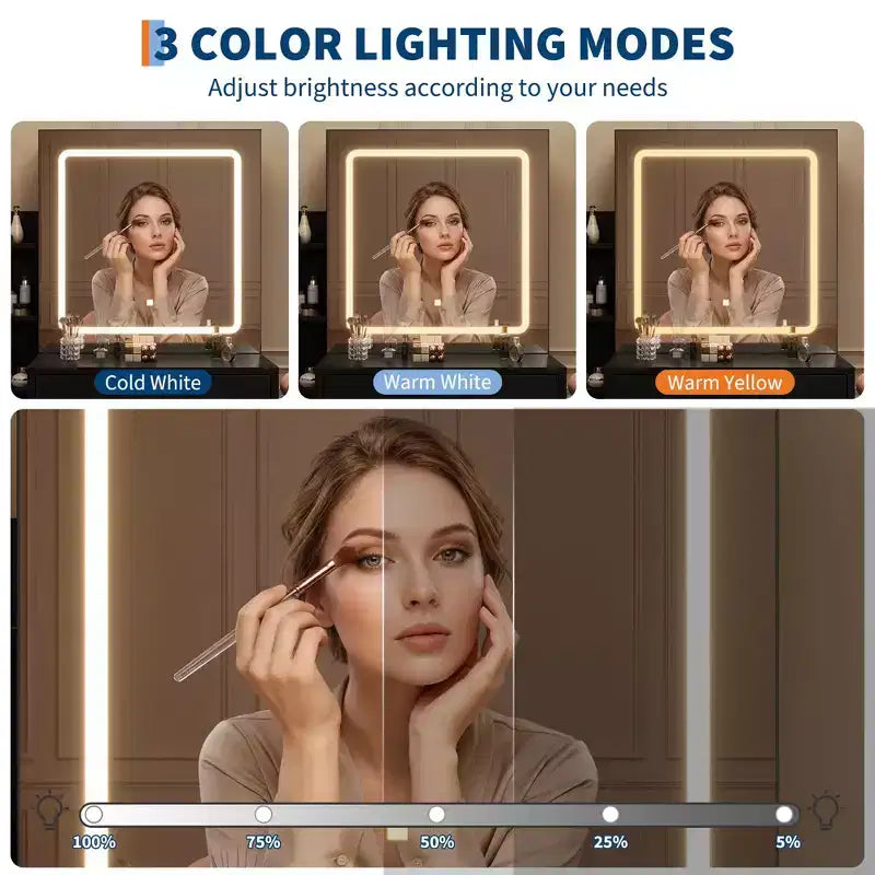 Coiffeuse avec tabouret, miroir coulissant, 4 tiroirs, étagères ouvertes et station de charge, avec lumières LED