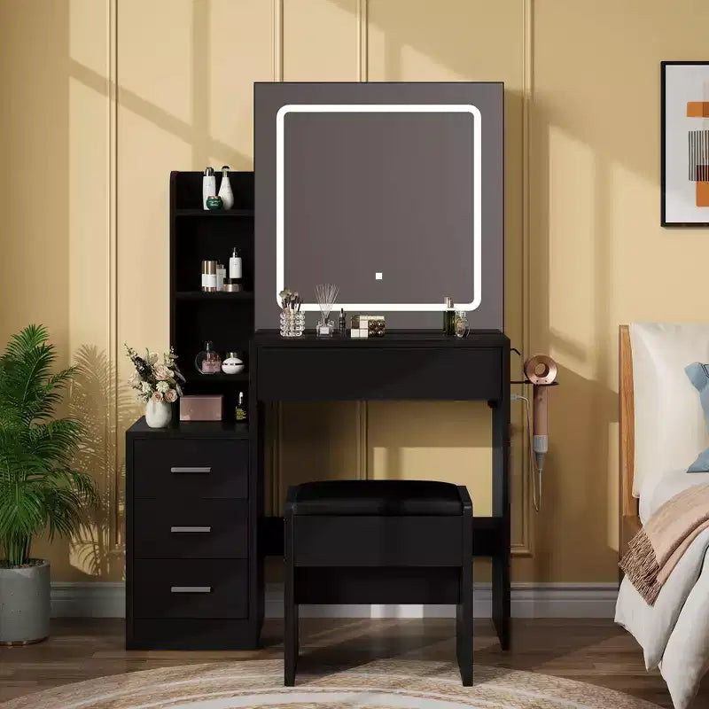 Coiffeuse avec tabouret, miroir coulissant, 4 tiroirs, étagères ouvertes et station de charge, avec lumières LED