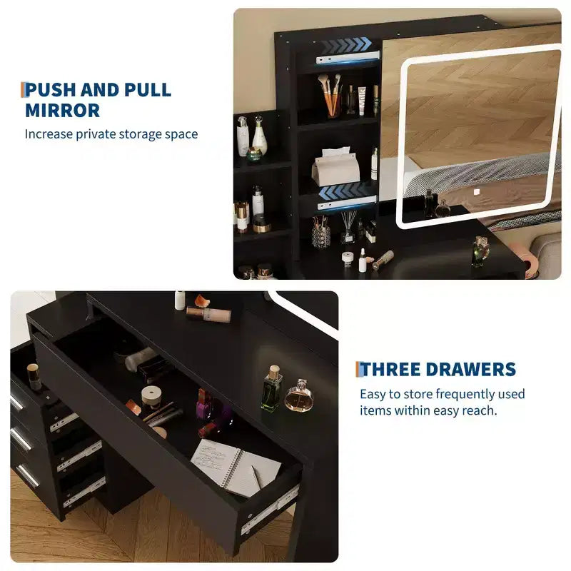 Coiffeuse avec tabouret, miroir coulissant, 4 tiroirs, étagères ouvertes et station de charge, avec lumières LED