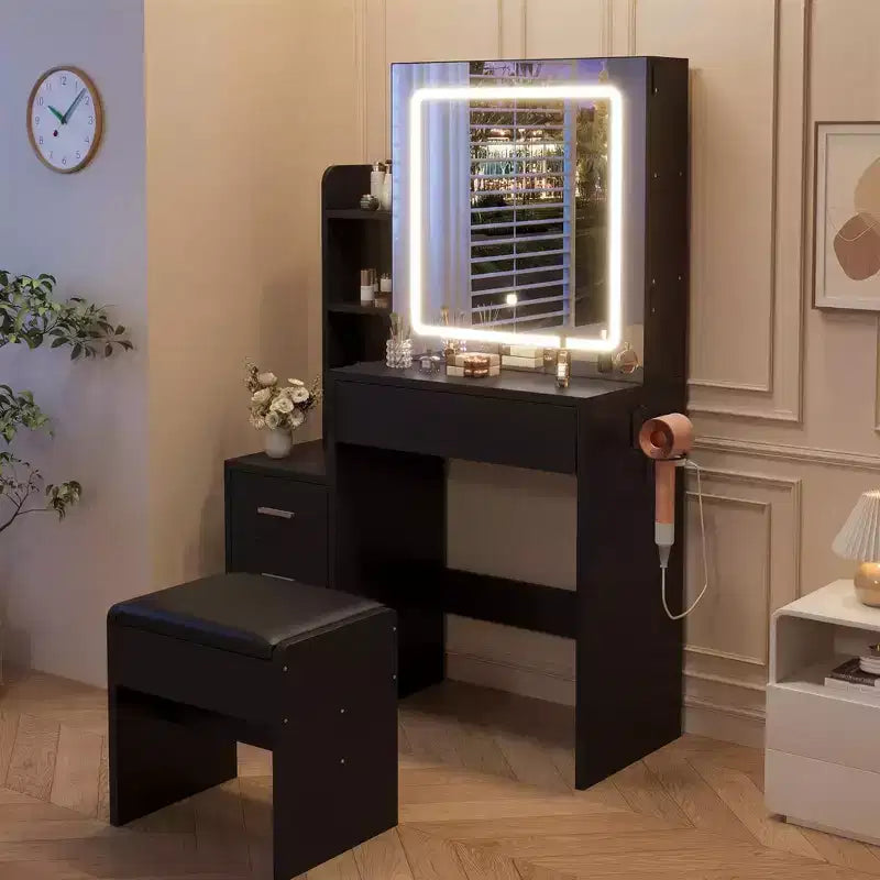Coiffeuse avec tabouret, miroir coulissant, 4 tiroirs, étagères ouvertes et station de charge, avec lumières LED