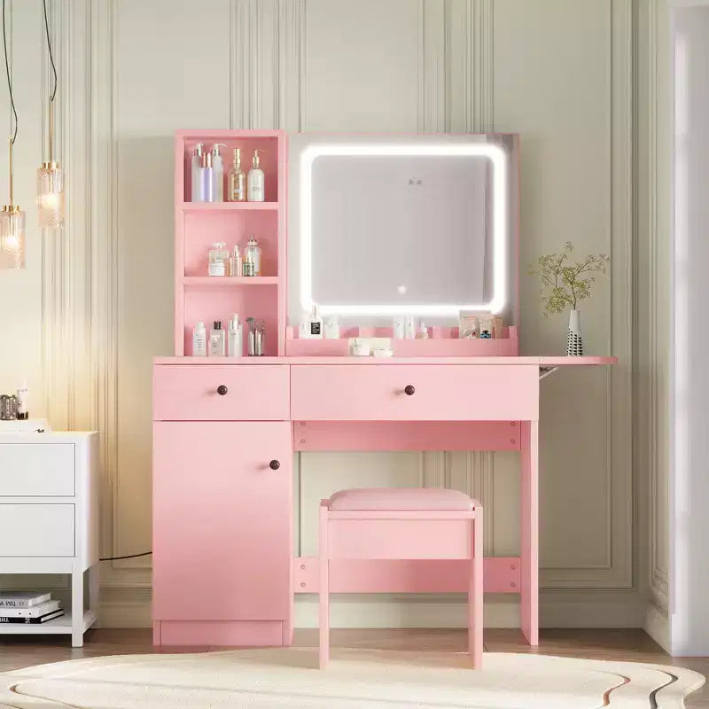 Coiffeuse avec miroir, tiroir, tabouret de rangement, 3 étagères – Jolie petite commode pour chambre à coucher, dortoir, adolescent ou cadeau.
