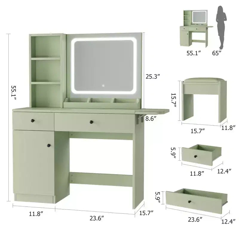 Coiffeuse avec miroir, tiroir, tabouret de rangement, 3 étagères – Jolie petite commode pour chambre à coucher, dortoir, adolescent ou cadeau.
